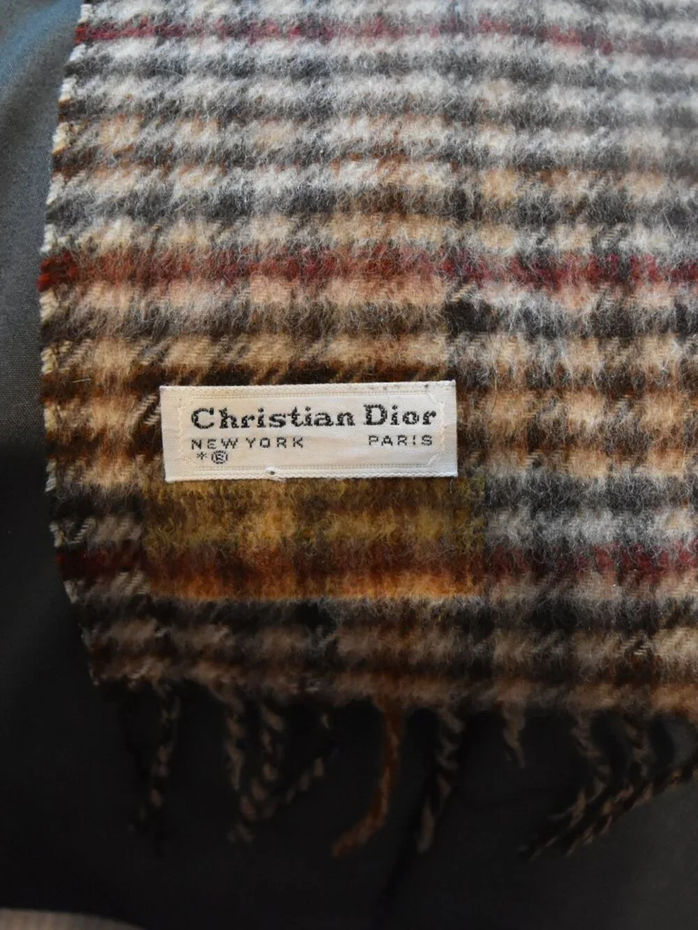 Christian Dior Plaid Wool Fringe Long Scarf - Made in Italy